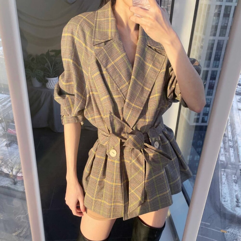 Y2K Plaid Off-Shoulder Jacket: Pastel Grey, Yellow & Green Coat (M/L)